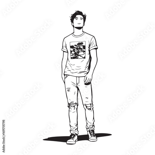Handsome Man Black and White Illustration Vector Image Male Portrait Fashion Sketch Line Art Design	
