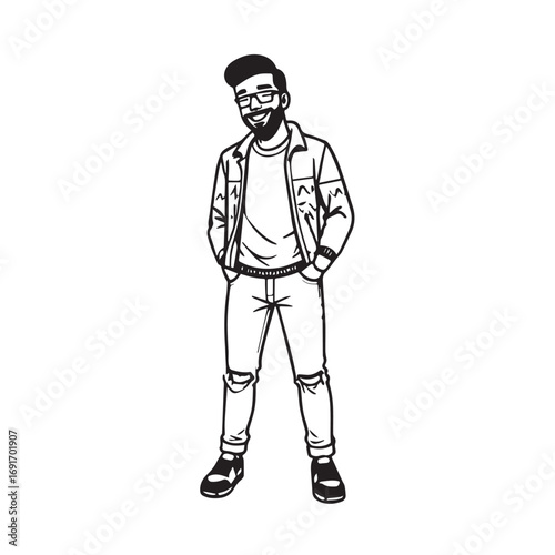 Handsome Man Black and White Illustration Vector Image Male Portrait Fashion Sketch Line Art Design	