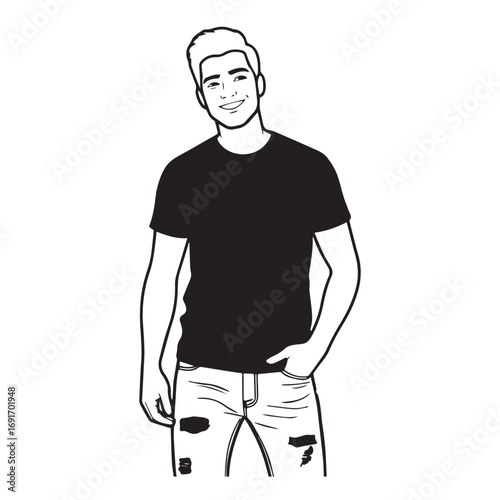 Handsome Man Black and White Illustration Vector Image Male Portrait Fashion Sketch Line Art Design	