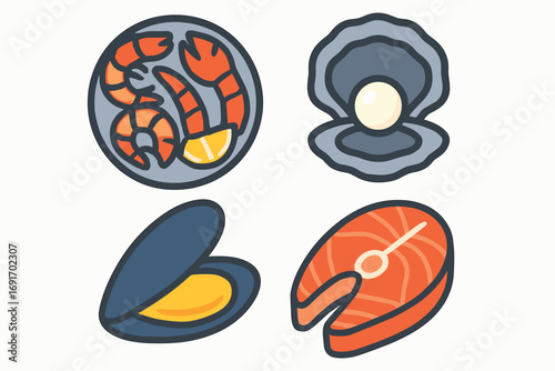 Collection of four distinct seafood illustrations including shrimp oyster mussel and salmon steak.