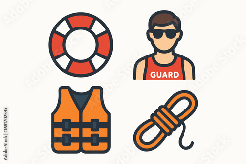 Lifeguard Equipment - Lifebuoy, Lifeguard, Life Vest, and Rope Illustration.