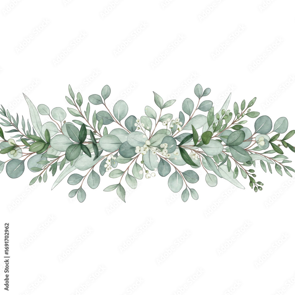 custom made wallpaper toronto digitalElegant Watercolor Greenery Garland with Dusty Blue Eucalyptus Leaves and Delicate White Flowers on Transparent Background Perfect for Wedding