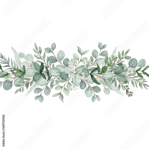 Wallpaper Mural Elegant Watercolor Greenery Garland with Dusty Blue Eucalyptus Leaves and Delicate White Flowers on Transparent Background Perfect for Wedding Torontodigital.ca
