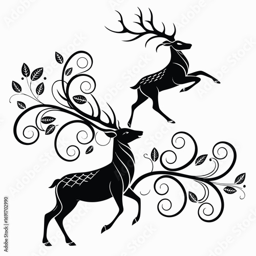 Elegant ornamental deer antlers with intricate swirling decorative elements in a classic black and white design