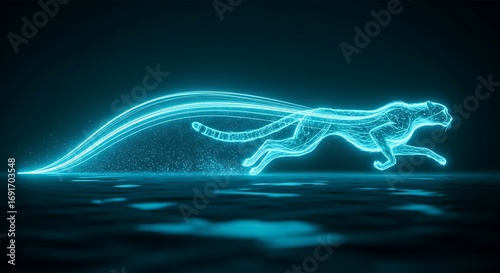 Digital cheetah sprinting with energy trails on reflective surface background
