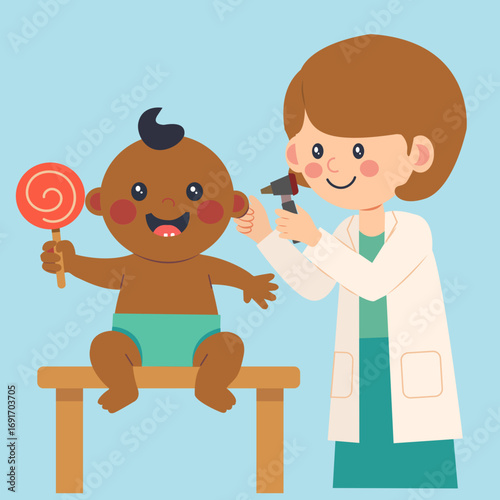 Pediatric doctor examining baby with otoscope – Children healthcare vector illustration
Doctor pediatra revisando a bebé con otoscopio – Ilustración vectorial de salud infantil

