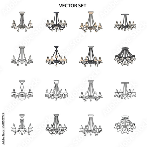 A vector set of sixteen different chandelier illustrations in various styles and colors, isolated on a white background.