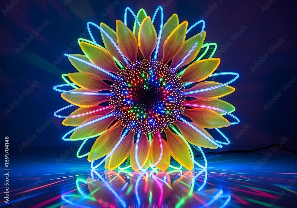 Obraz premium Electric bloom a captivating sunflower artfully illuminated with vivid neon light streams creating a futuristic