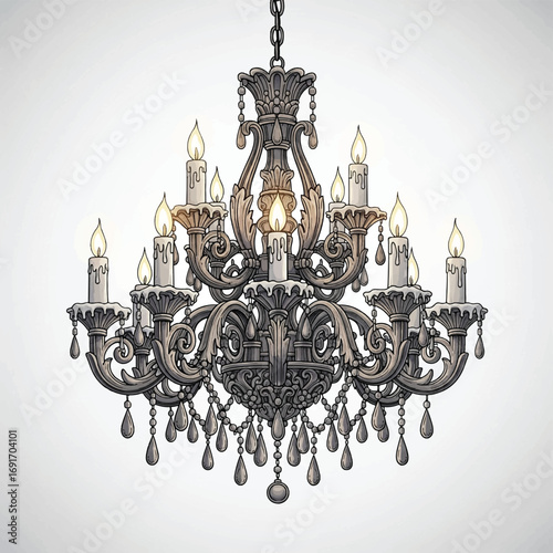 Ornate antique chandelier with candle-like lights and crystal accents.