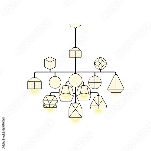 A modern geometric chandelier with multiple light fixtures in various shapes.