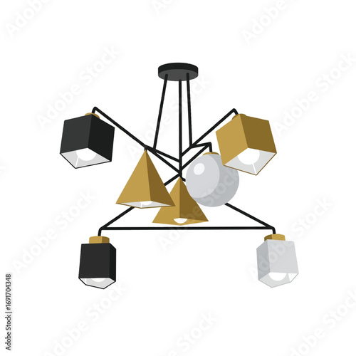 Modern chandelier with geometric shapes and various colors, including black, gold, and white, hanging from the ceiling.