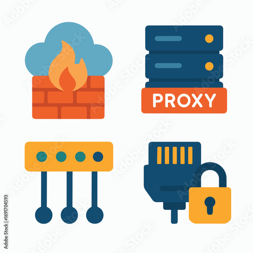 Computer network security icons firewall proxy server network switch and padlock.
