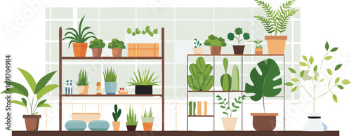 Flat vector illustration depicting a variety of houseplants displayed on shelves, highlighting their diverse shapes and colors.