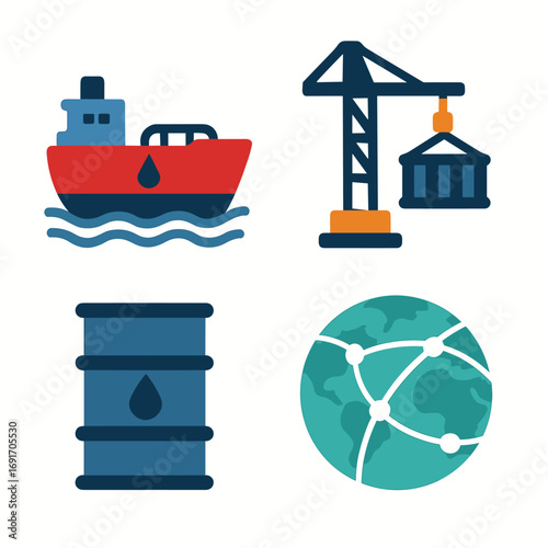 Global Trade and Logistics Icons - Shipping, Crane, Oil, and Network.