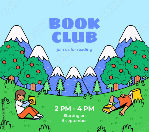 Book club announcement featuring children reading books in a scenic outdoor landscape with mountains, apple trees, and sky for education, school events, learning, reading programs vector illustration