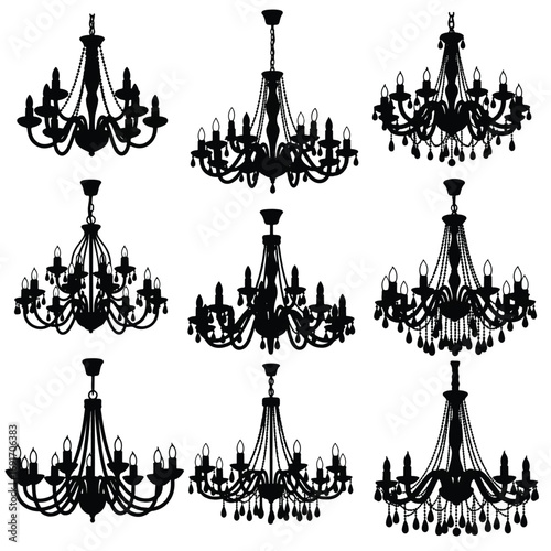 A collection of nine elegant black chandelier silhouettes, showcasing various ornate and classic designs on a white background.