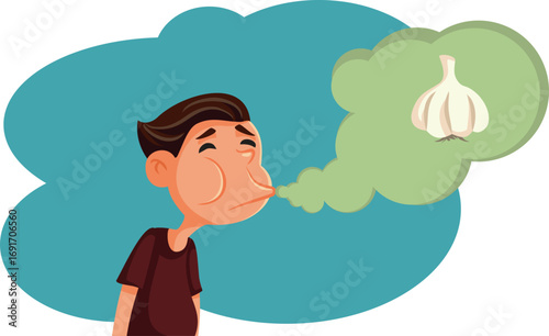 Funny Cartoon Man with Smelly Garlic Breath Vector Character. The person suffering from acid reflux burping

