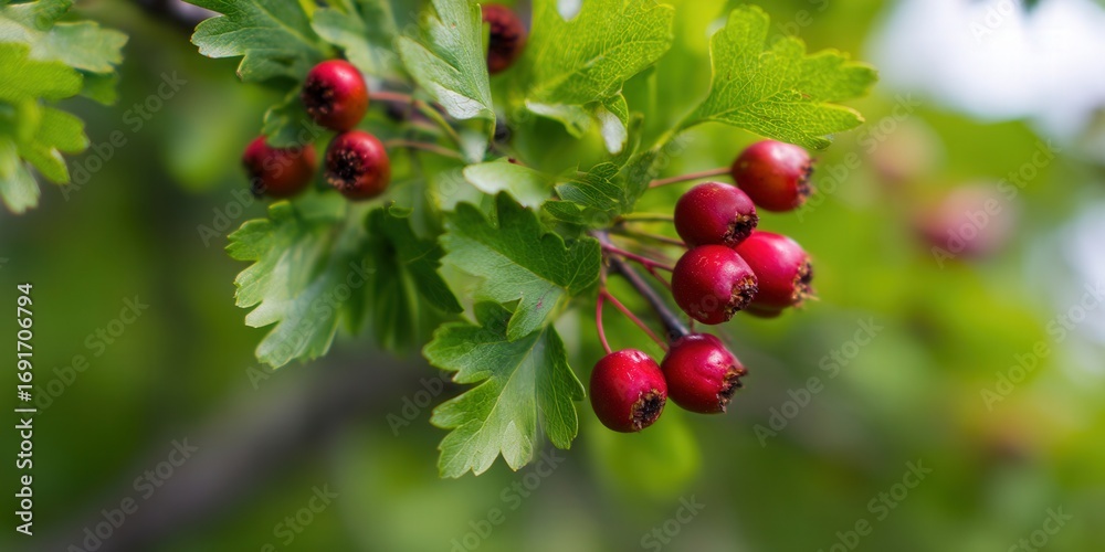 Obraz premium A cluster of bright red hawthorn berries on a branch, surrounded by fresh green leaves.