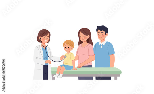 Pediatrician examining a young child with parents present Healthcare and family support