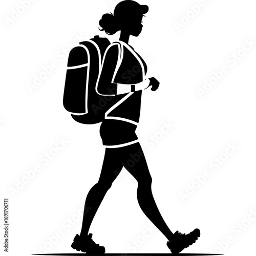 Sketchy sport emblem of girl traveler walks with a backpack with a light gait in monochrome. Engraving minimalistic vector in black ink drawing on transparent background