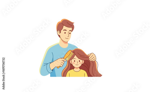 Warm illustration of a devoted dad tenderly combing his child's flowing locks, a heartwarming scene of parental affection and daily hair care