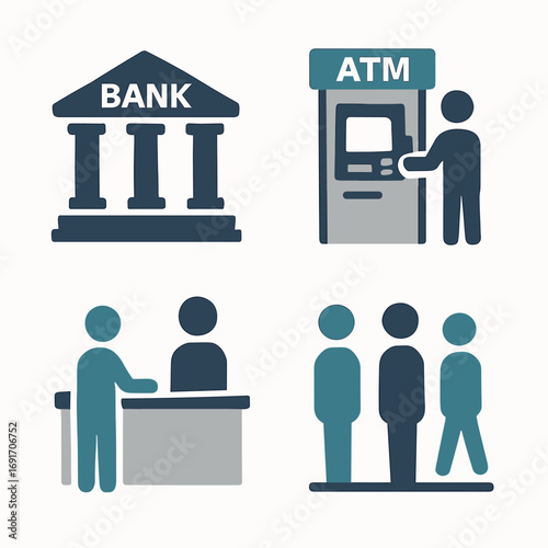 Bank Services Icons - ATM, Teller, Queue, and Building.