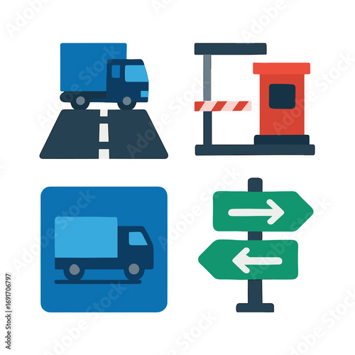 Set of transport and road related icons including trucks, a toll booth, and a directional sign.