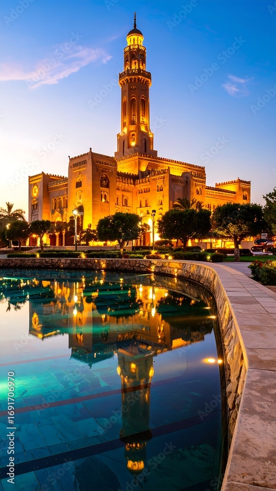 Obraz premium Mosque reflected in a tranquil pool at twilight