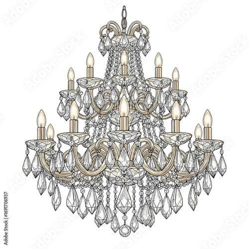 Ornate multi-tiered crystal chandelier with numerous light bulbs and sparkling glass pendants, an elegant lighting fixture.