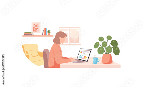 Woman working remotely on her laptop at home with a plant and coffee, illustrating modern lifestyle and productivity