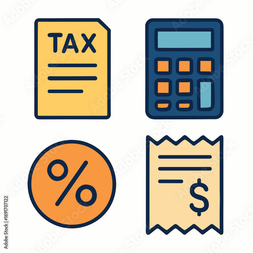 Tax calculator receipt and percentage symbol icons for finance and accounting.