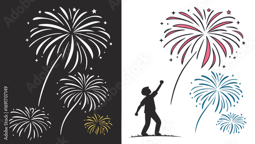 Festive fireworks display with person watching celebration