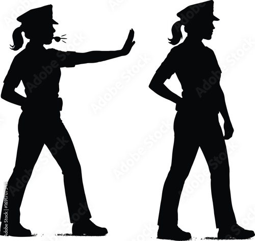Female police officer silhouettes stopping traffic and standing alert dynamic poses silhouette