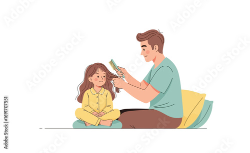 A Father's Gentle Touch Combing His Daughter's Hair with Love and Care