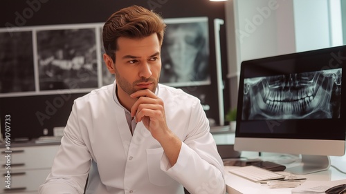 Pensive Dentist Taking a Look at a Case in a Teledentistry Consultation