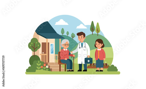 Caring doctor providing personalized home medical attention to an senior patient, demonstrating dedicated healthcare support in a comfortable residential environment with a family member