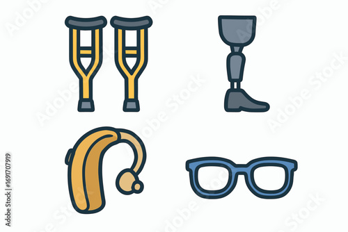 Colorful icon set of disability aids and assistive devices.