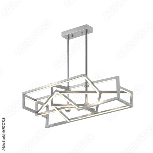 Modern brushed nickel geometric pendant light with LED lighting, showcasing a rectangular frame with angled lines.