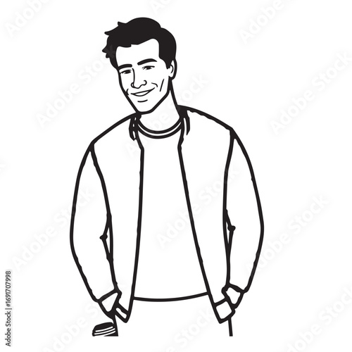 Handsome Man Black and White Illustration Vector Image Male Portrait Fashion Sketch Line Art Design	