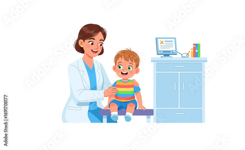 Compassionate pediatrician conducting a medical checkup for a cheerful little boy in a clinic office. Healthcare for children concept with a doctor and young patient