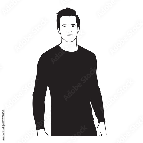 Handsome Man Black and White Illustration Vector Image Male Portrait Fashion Sketch Line Art Design	