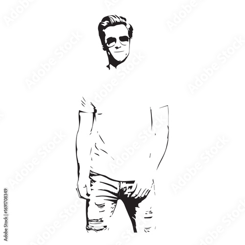 Handsome Man Black and White Illustration Vector Image Male Portrait Fashion Sketch Line Art Design	