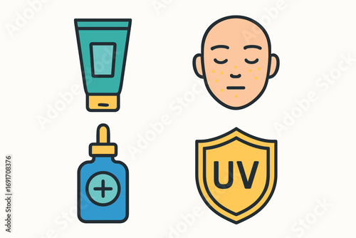Skincare icons - cream tube, serum bottle, bald head, UV protection shield.