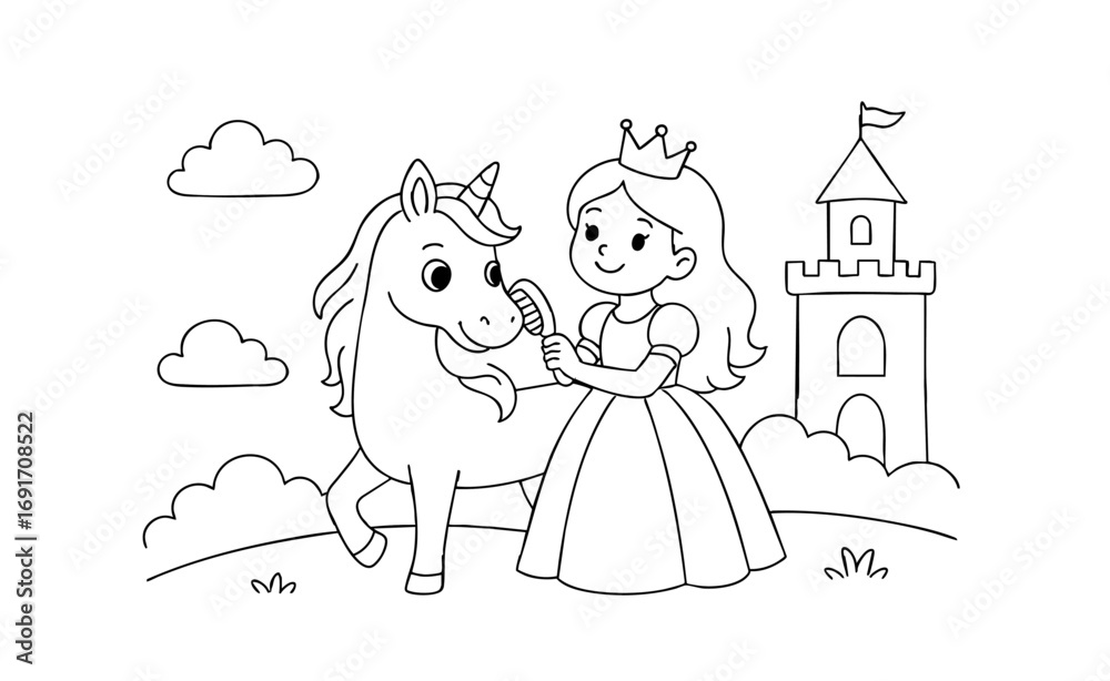 Fototapeta premium Princess and Unicorn Coloring Page A Magical Kingdom Adventure