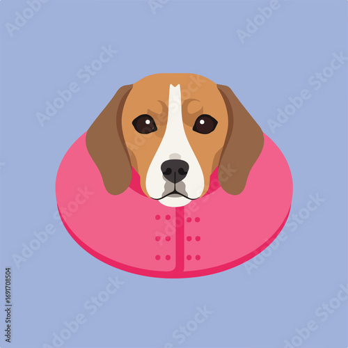 A cute Beagle dog cartoon with tan head and brown ears is wearing a pink dog cone, against a light bluish-purple background.