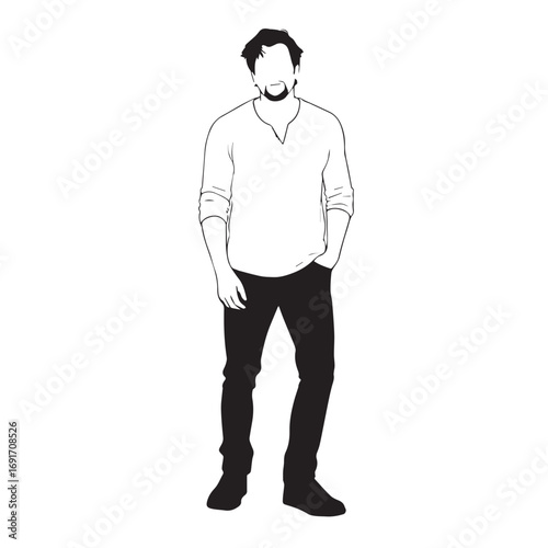 Handsome Man Black and White Illustration Vector Image Male Portrait Fashion Sketch Line Art Design	