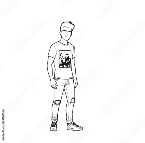 Handsome Man Black and White Illustration Vector Image Male Portrait Fashion Sketch Line Art Design	