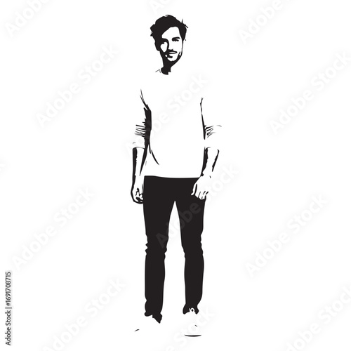 Handsome Man Black and White Illustration Vector Image Male Portrait Fashion Sketch Line Art Design	