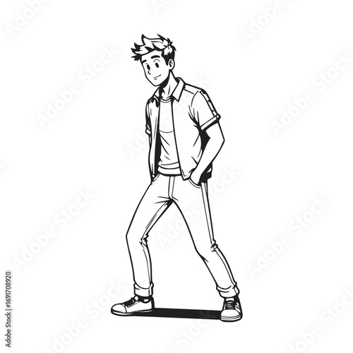 Handsome Man Black and White Illustration Vector Image Male Portrait Fashion Sketch Line Art Design	