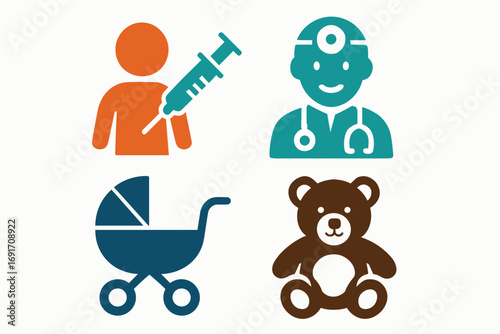 Pediatric Healthcare Icons - Vaccination, Doctor, Stroller, and Teddy Bear.
